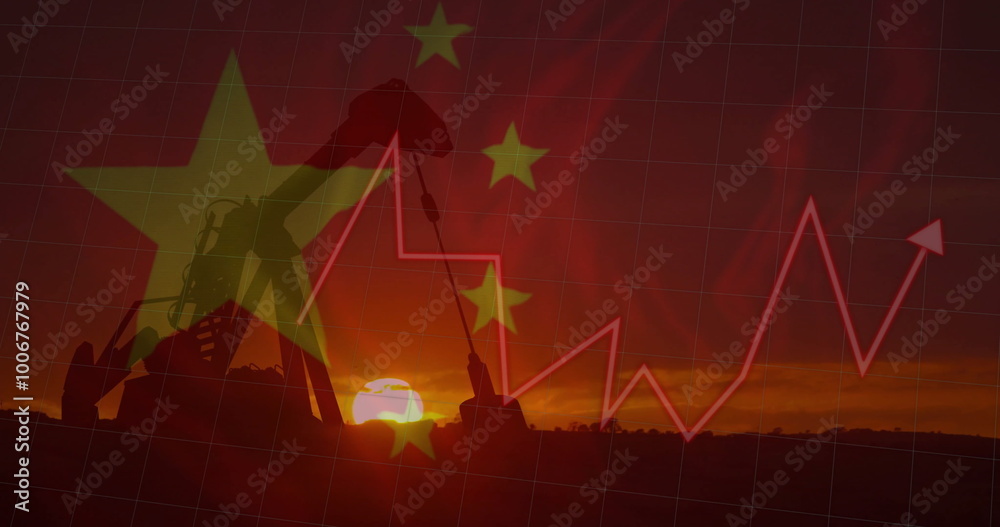 Canvas Prints Image of graph and pumping oil derrick at sunset over flag of china