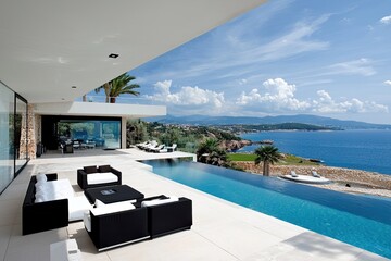Fototapeta premium Modern villa with stunning ocean views, featuring an infinity pool and stylish outdoor seating for relaxation.