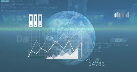 Image of digital media icons and charts processing data over globe on blue background