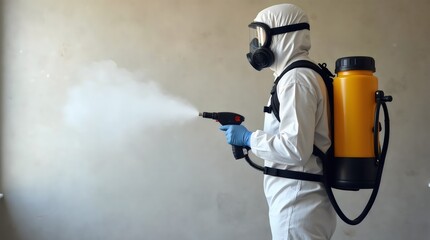 Mold remediation service: A professional worker spraying products to remove mold before house painting, clad in a protective suit and respirator mask, with a backpack sprayer at a home renovation site