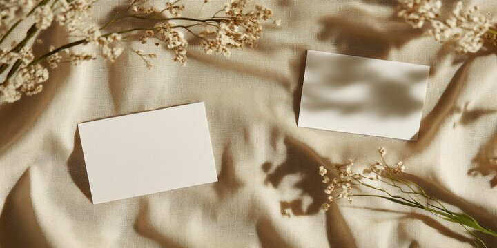 Two identical white blank cards 13x18 cm on natural beige fabric background, flat lay, view from above, boho decor, summer daylight, soft shadows.