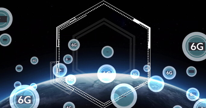 Image of hexagonal scanner frame and 6g icons over globe rotating in space