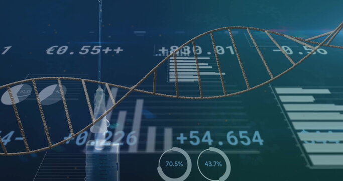 Image of dna strand and data processing over vaccination