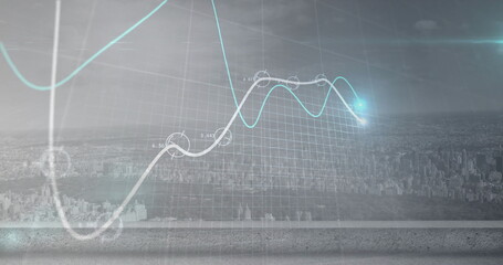 Image of light spots and diagrams over cityscape