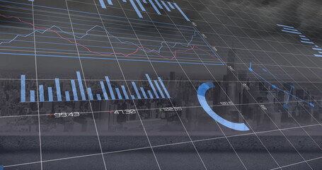 Image of data processing and diagrams over cityscape