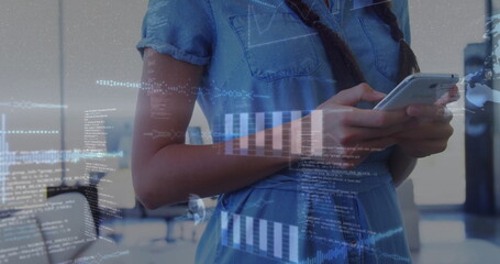 Image of financial data processing over caucasian woman using smartphone