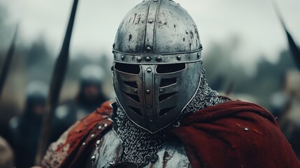 Fototapeta premium Man wearing Medieval Knights armor with heavy iron helmet on a battlefield 
