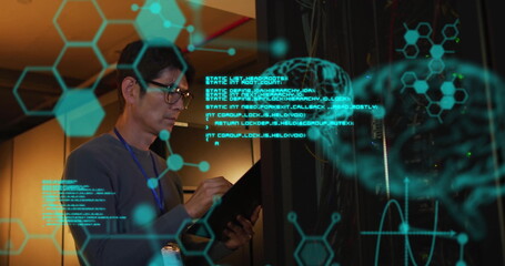 Image of data processing with brains over asian businessman in server room