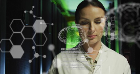 Image of data processing with brains over caucasian female scientist in server room