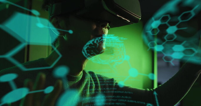 Image of data processing with brains over asian businessman using vr headset in server room