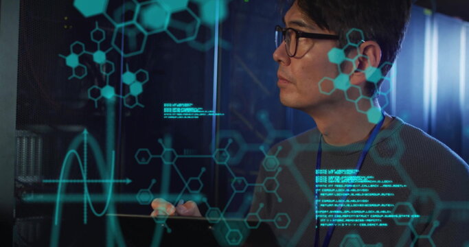 Image of data processing and chemical formula over asian businessman in server room