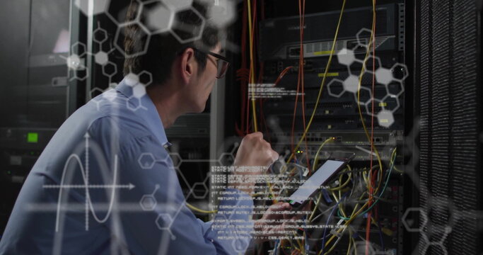 Image of data processing and chemical formula over asian businessman in server room - Powered by Adobe