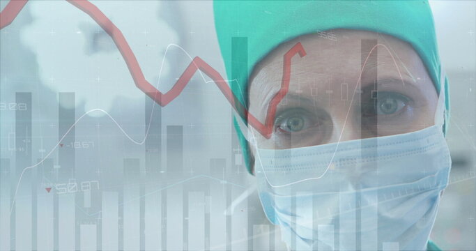 Image of statistics and data processing over caucasian female surgeon