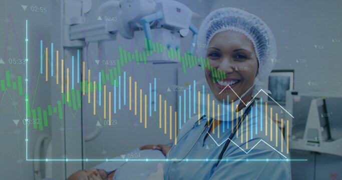Image of statistics and data processing over caucasian female surgeon - Powered by Adobe