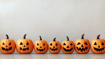 row of seven jack-o'-lanterns with a variety of smiling mischievous expressions is displayed against neutral light background. Pumpkins create a festive, playful, slightly spooky Halloween atmosphere