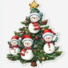 Festive Christmas tree adorned with cheerful snowmen and colorful ornaments.
