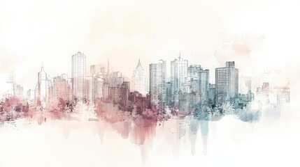 Fototapeta premium Urban Symphony in Pastel Hues - Detailed Ink and Watercolor Cityscape with Cinematic Lighting