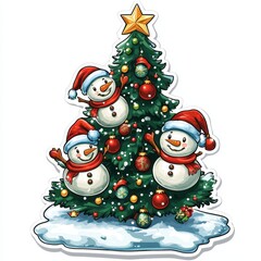 Three cheerful snowmen with red hats are decorated as a Christmas tree with festive ornaments and a star on top.