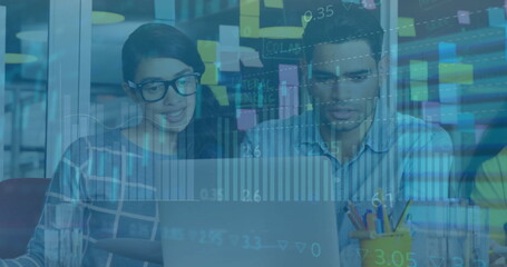 Image of financial data processing over diverse business people in office