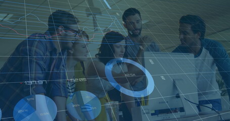 Image of financial data processing over diverse business people in office