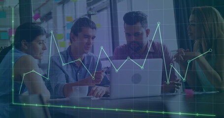 Image of financial data processing over diverse business people in office