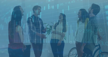 Image of financial data processing over diverse business people in office