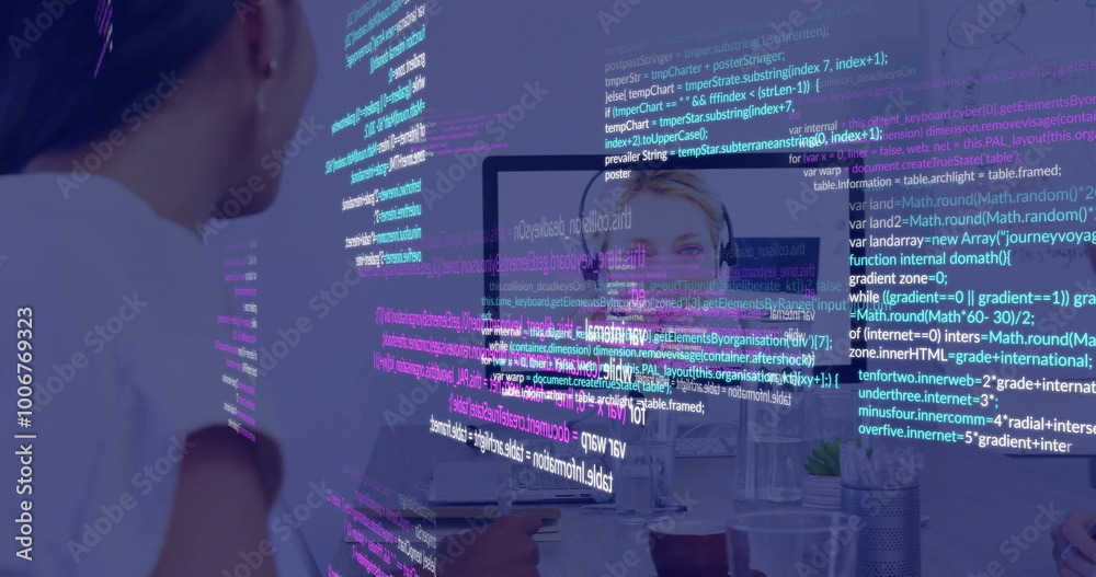Poster computer code and data processing image over people working in office