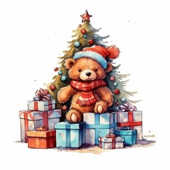 Adorable teddy bear wearing a scarf and hat, surrounded by decorated Christmas tree and gifts.