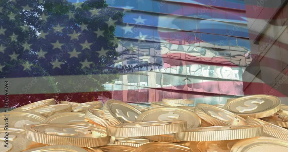 Sticker American flag waving over government building with gold coins animation