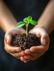 Close-up of hands holding a small green plant growing from soil.