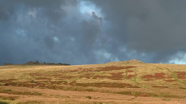 Stormy skies over Dartmoor rugged landscape