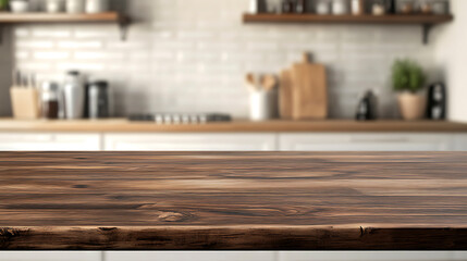 Natural wood table top with modern blurred kitchen view
