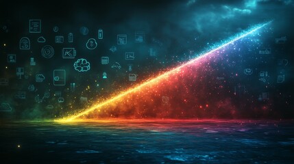 A radiant spectrum line cuts across a field of digital icons, symbolizing a technological breakthrough.