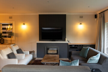 At home, Modern living room with comfortable sofas and large flat-screen TV on wall, copy space