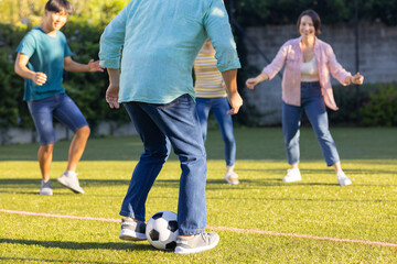 Playing soccer on grass field, asian family enjoying outdoor activity together