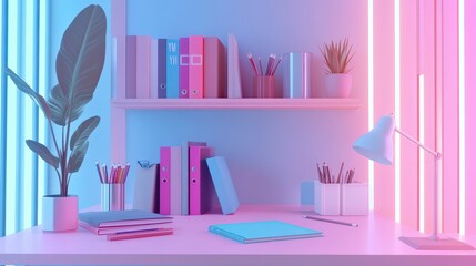 Fototapeta premium Modern Workspace Aesthetics: Organized Office Supplies in Pastel Room
