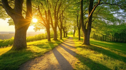 Obraz premium Enchanting Woodland Path Bathed in Golden Sunlight