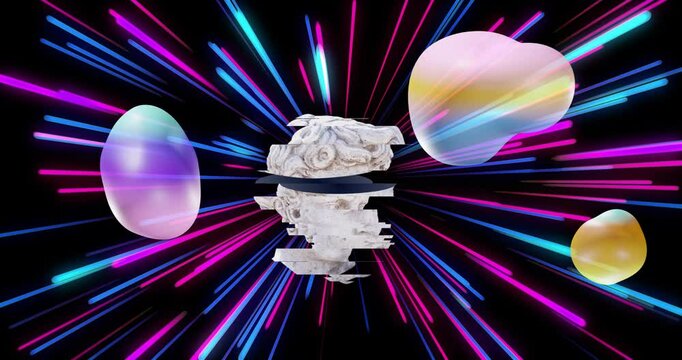 Abstract shapes and neon light streaks animation over classical sculpture head