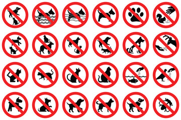 Animal and pet prohibition set. No pets allowed sign no cat and dog in this area