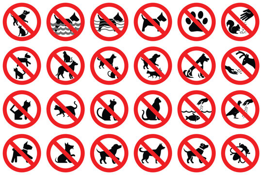 Animal and pet prohibition set. No pets allowed sign no cat and dog in this area