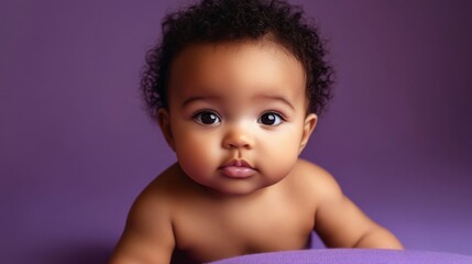 baby 0-6 months sat on a purple studio. The baby is mixed race. Cute looking but staring directly down the camera. 