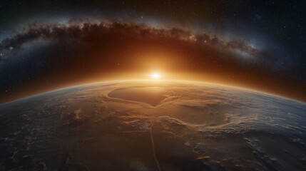 Fototapeta premium A breathtaking view of Earth from space, with the planet's curvature prominently visible. The vast expanse of the universe is filled with countless stars, creating a mesmerizing backdrop.