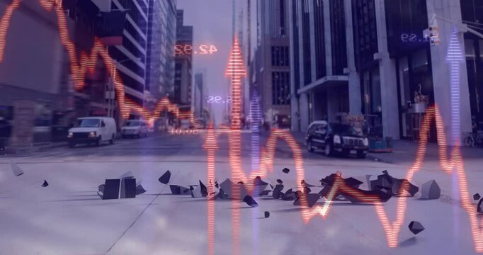 Earthquake animation over city street with cracked pavement and buildings