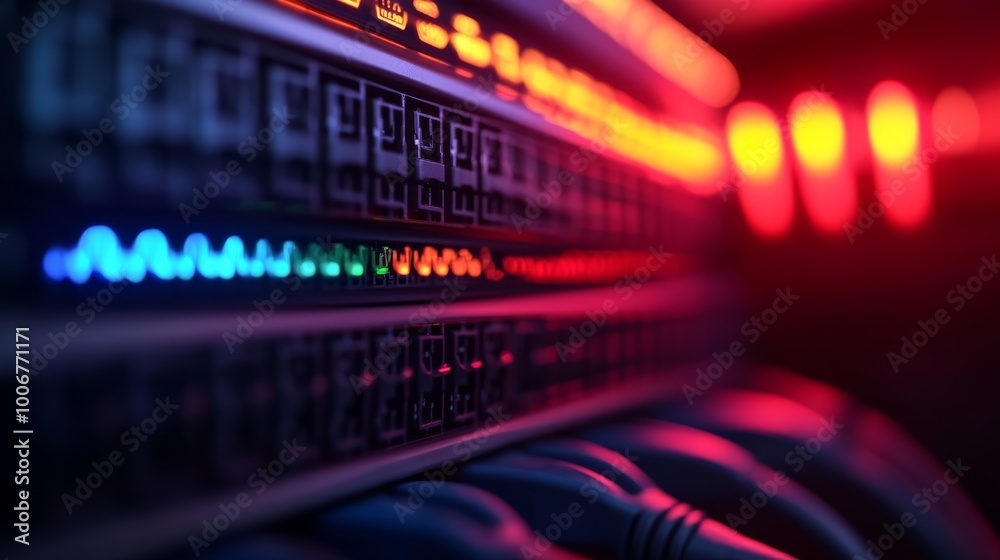 Poster a close-up view showcases a network switch with color-coded cables neatly arranged and plugged into 