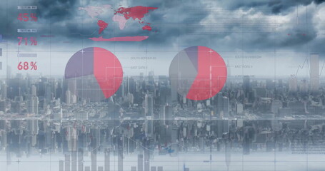 Image of charts processing data over cloudy sky and cityscape