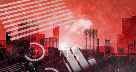 Image of charts processing data over sunset cityscape