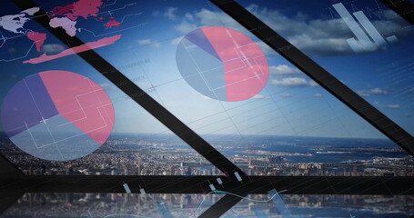 Image of charts processing data over blue sky and cityscape