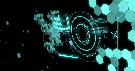 Image of scopes and scientific data processing over black background