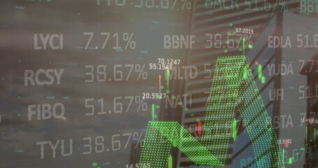 Image of financial data processing over cityscape