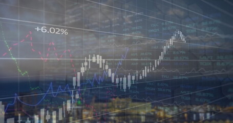 Image of financial data processing over cityscape